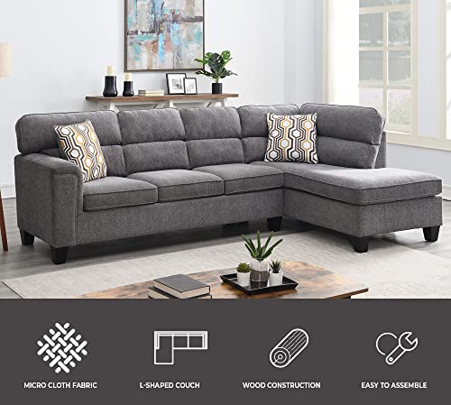 118" Wide Large Modern Upholstered L-Shaped Sectional Sofa with 2 Cushions, Modern Tufted Micro Cloth Couch with Soft Memory Foam Seats, 5 Seater Modular Sofa - Grey - Oliver & Smith