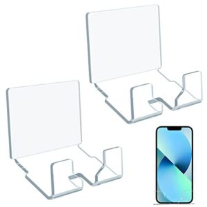 kamehame 2 pack wall mount phone holder adhesive cell phone charging stand smartphone storage organizer bracket for home office compatible with all phone, silky white & clear