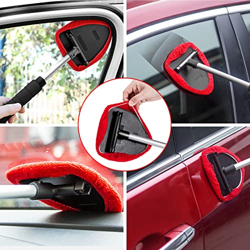 Almcmy Windshield Cleaner Tool, Microfiber Car Window Cleaner with 3 Reusable Microfiber Pads and 1 Air Vent Cleaner, Extendable Handle Car Window Brush Kit for Interior Exterior Use Car Cleaning, Red