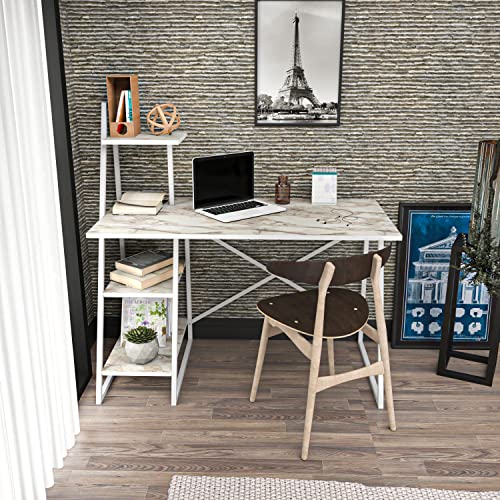 Decorotika Admira 47 inches Wide Wood Metal Industial Writing Computer Writing Desk with Shelving for Home Office - Ephesus White