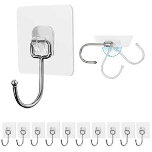 large adhesive hooks 33lbs/15kg(max),wall hooks for kitchen, bathroom,entryway,pantry–multifunctional transparent wall hooks heavy duty–waterproof and oilproof hanging hooks (10 pack)