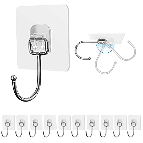 Large Adhesive Hooks 33lbs/15kg(Max),Wall Hooks for Kitchen, Bathroom,Entryway,Pantry–Multifunctional Transparent Wall Hooks Heavy Duty–Waterproof and Oilproof Hanging Hooks (10 Pack)