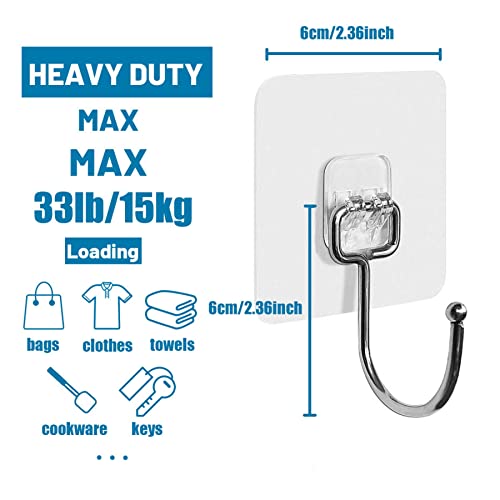 Large Adhesive Hooks 33lbs/15kg(Max),Wall Hooks for Kitchen, Bathroom,Entryway,Pantry–Multifunctional Transparent Wall Hooks Heavy Duty–Waterproof and Oilproof Hanging Hooks (10 Pack)