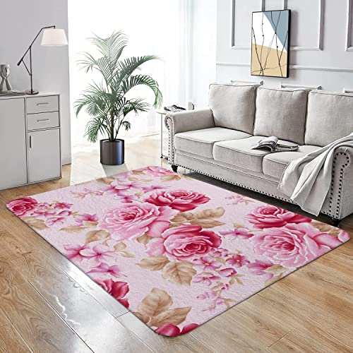 Ormis Pink Rose Area Rug 4' x 6' Ultra Soft Faux Wool Area Rug Non-Slip Vintage Throw Rugs Floor Carpet for Bedroom Living Room Nursery Decor