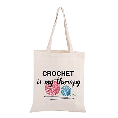 PWHAOO Knitting Project Bag Crochet Is My Therapy Knitting Humor Gift Yarn Bag Knitting Tote Bag Mothers Day Gift (Crochet Is My Therapy Tote)