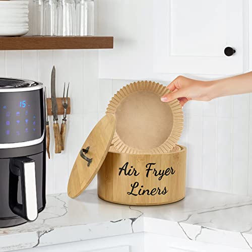 Air Fryer Disposable Paper Liner Holder Organizer, Bamboo Storage Organizer Bin Box for Cabinet, Pantry, Kitchen, Storage Container with Lid for Air Fryer Liners Air Fryer Parchment Paper