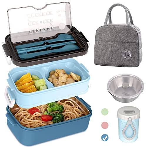 Homnoble Bento Box Adult Lunch Box, Bento Box for Kids Adult Leakproof BPA-Free 3 Compartment Lunch Box Container 4 in 1 Meal Prep Container Dishwasher SafeMicrowave Safe With Utensils & Bag, Blue