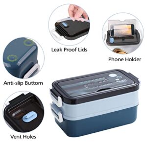 Homnoble Bento Box Adult Lunch Box, Bento Box for Kids Adult Leakproof BPA-Free 3 Compartment Lunch Box Container 4 in 1 Meal Prep Container Dishwasher SafeMicrowave Safe With Utensils & Bag, Blue