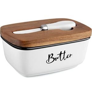 butter dish with lid and knife for countertop, airtight butter keeper for counter or fridge, ceramic butter container with thick acacia wood lid, for modern kitchen decor and accessories, white