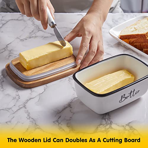Butter Dish with Lid and Knife for Countertop, Airtight Butter Keeper for Counter or Fridge, Ceramic Butter Container with Thick Acacia Wood Lid, for Modern Kitchen Decor and Accessories, White
