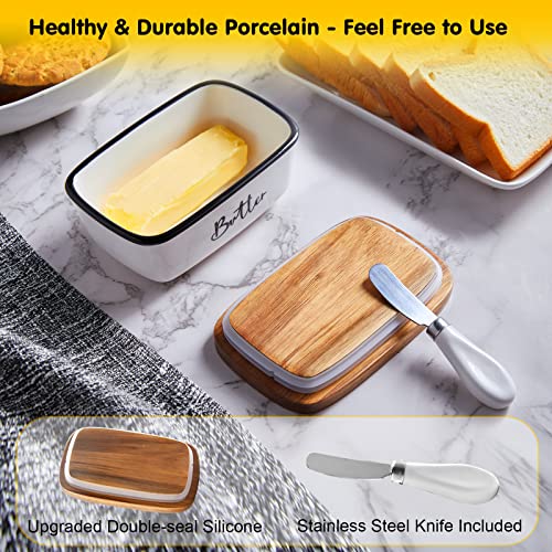 Butter Dish with Lid and Knife for Countertop, Airtight Butter Keeper for Counter or Fridge, Ceramic Butter Container with Thick Acacia Wood Lid, for Modern Kitchen Decor and Accessories, White