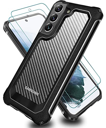 SUPBEC Galaxy S21 Case, Carbon Fiber Shockproof Protective Cover with Screen Protector [x2] [Military Grade Protection] [Scratch Resistant & Anti-Fingerprint], Samsung Galaxy S21 Case, 6.2", Black