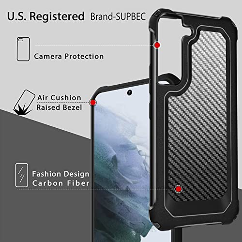 SUPBEC Galaxy S21 Case, Carbon Fiber Shockproof Protective Cover with Screen Protector [x2] [Military Grade Protection] [Scratch Resistant & Anti-Fingerprint], Samsung Galaxy S21 Case, 6.2", Black