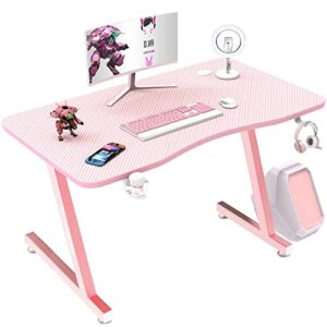 vitesse 40 inch pink gaming desk,pink desk,pink gaming table,cute kawaii computer desk z shaped girl gamer desk workstation home office desk with carbon fiber surface and headphone hook (z shape leg)