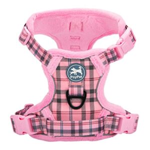 poypet plush dog harness, soft padded no pull vest harness, reflective adjustable escape proof with easy control handle for small medium large dogs(checkered pink,s)