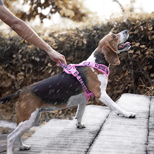 PoyPet Plush Dog Harness, Soft Padded No Pull Vest Harness, Reflective Adjustable Escape Proof with Easy Control Handle for Small Medium Large Dogs(Checkered Pink,S)