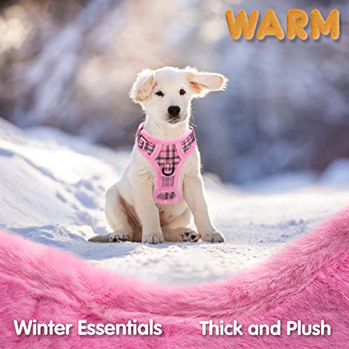PoyPet Plush Dog Harness, Soft Padded No Pull Vest Harness, Reflective Adjustable Escape Proof with Easy Control Handle for Small Medium Large Dogs(Checkered Pink,S)