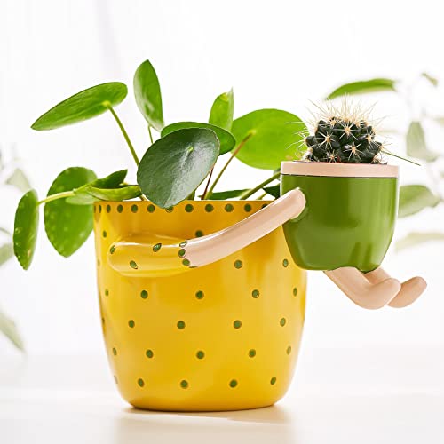 VIRTUNE Adorable Indoor Plant Pots. 5" Flower Pot & 2" Small Succulent Pot with Drainage. Indoor Planters, Small Plant Pots Indoor, Cute Pots for Indoor Plants, Succulent Planter (Light Yellow)