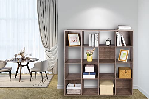 PACHIRA E-Commerce US 16 Cube Wooden Storage Organizer Bookcase, Bookshelf System Display Compartments, Sturdy Room Cube, Toy Storage Shelf, Rustic Brown Oak