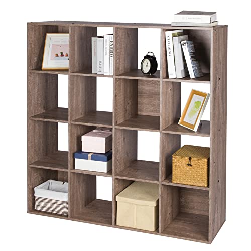 PACHIRA E-Commerce US 16 Cube Wooden Storage Organizer Bookcase, Bookshelf System Display Compartments, Sturdy Room Cube, Toy Storage Shelf, Rustic Brown Oak