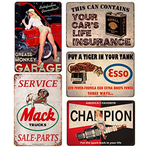 5PCS Gas Motor Oil Antique Tin Signs Vintage Gas Oil Metal Signs Garage Man Cave Bar Pub Wall Decor 8×12 Inch