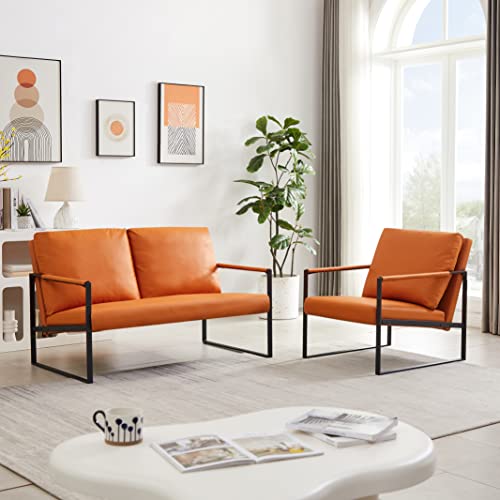MOOSENG Mid-Century Loveseat Sofa, Upholstered Faux Leather Settee, 2 Seater Accent Chair with Extra-Thick Padded Seat and Back,Anti-Scratch Foot Mats, Couch for Small Spaces, Living Room,Orange