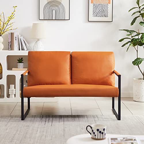 MOOSENG Mid-Century Loveseat Sofa, Upholstered Faux Leather Settee, 2 Seater Accent Chair with Extra-Thick Padded Seat and Back,Anti-Scratch Foot Mats, Couch for Small Spaces, Living Room,Orange