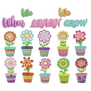45pcs colorful spring cut-outs summer flowers potted cut outs with 100pcs glue points when we learn we grow paper cut-outs bulletin board decoration for school classroom game party supplies