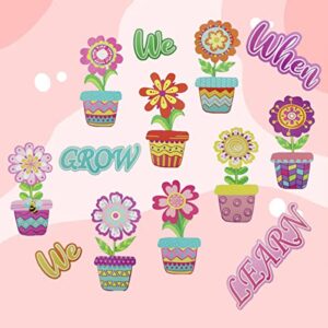 45Pcs Colorful Spring Cut-Outs Summer Flowers Potted Cut Outs with 100Pcs Glue Points When We Learn We Grow Paper Cut-Outs Bulletin Board Decoration for School Classroom Game Party Supplies