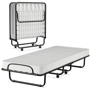 relax4life folding bed with mattress memory foam, foldable bed w/sturdy u-shaped metal bed frame, 4 universal wheels, portable guest bed, easy storage, cot-size rollaway single bed, made in italy