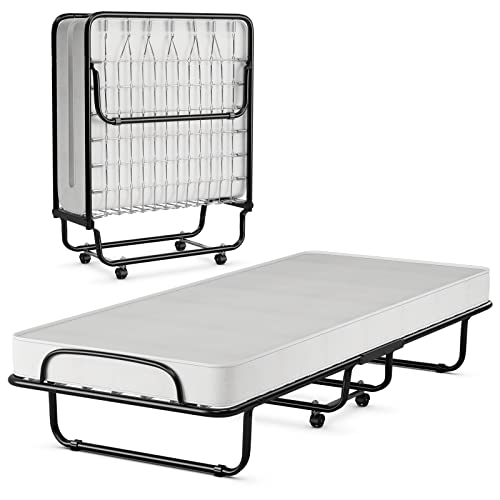 RELAX4LIFE Folding Bed with Mattress Memory Foam, Foldable Bed w/Sturdy U-Shaped Metal Bed Frame, 4 Universal Wheels, Portable Guest Bed, Easy Storage, Cot-Size Rollaway Single Bed, Made in Italy