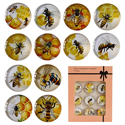 12Pcs Bumble Bees Refrigerator Magnets Crystal Glass Cute Honey Bee Magnet Gifts for Baby Shower Theme Decorations Dry Erase Whiteboard Fridge Office Kitchen Decor