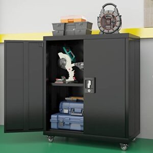 GEDELITE Metal Storage Cabinet with Wheels,Locking Cabinet with 1 Adjustable Shelf, Small Steel Storage Cabinet for Office,Home,Garage,Kitchen,Classroom,Black