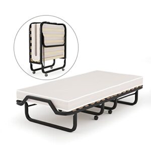 RELAX4LIFE Folding Bed with Mattress, Foldable Guest Temporary Bed with 360°Swivel Wheels & Pull Handle, Memory Foam Mattress & Metal Frame, Portable Space-Saving Rollaway Bed, Made in Italy