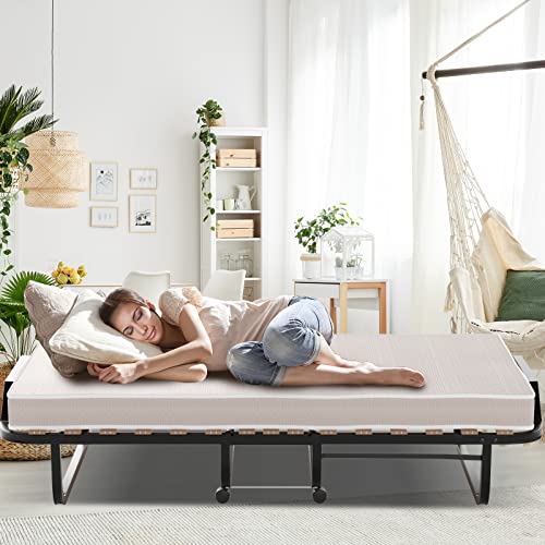 RELAX4LIFE Folding Bed with Mattress, Foldable Guest Temporary Bed with 360°Swivel Wheels & Pull Handle, Memory Foam Mattress & Metal Frame, Portable Space-Saving Rollaway Bed, Made in Italy