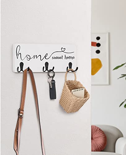homenote Key Holder for Wall, Delicate Wall Mounted Key Rack with 3 Double Key Hooks, Home Sweet Home Decor Wooden Key Hanger for Entryway, Hallway, Kitchen, Bedroom, Bathroom, Office (White)
