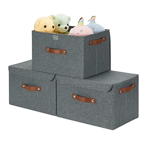 WLFRHD Storage Bins with Lids,Fabric Storage Baskets for Closet Organization,Collapsible Storage Boxes Decorative Fabric Bins with Lids Large Shelf Baskets Set of 3,15"x10"x10",Dark Grey