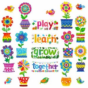 60 pcs flower cutouts, colorful and erasable potted flowers & birds cut-outs bulletin board classroom decoration in 30 designs spring flower blossom themed party supplies for kids teacher student