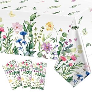 breling 3 pieces summer floral table cover watercolor wild flowers tablecloth plastic floral tablecloth for easter, dining kitchen room picnic camping party holiday decor, 54 x 108 inch (vivid style)