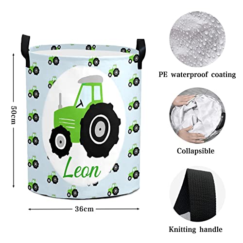 Custom Green Tractors Pattern Laundry Hamper Personalized Laundry Basket with Name Storage Basket with Handle for Bathroom Living Room Bedroom