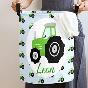 Custom Green Tractors Pattern Laundry Hamper Personalized Laundry Basket with Name Storage Basket with Handle for Bathroom Living Room Bedroom