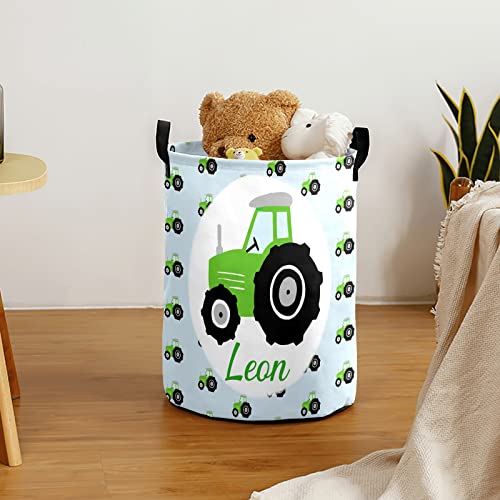 Custom Green Tractors Pattern Laundry Hamper Personalized Laundry Basket with Name Storage Basket with Handle for Bathroom Living Room Bedroom