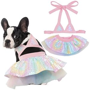 duojoy dog bikini dress with sequins&chiffon, mermaid colorful puppy beach swimsuit, small medium doggie cat summer bathing suit, dog tutu dresses pet stylish clothes costume for pool-m