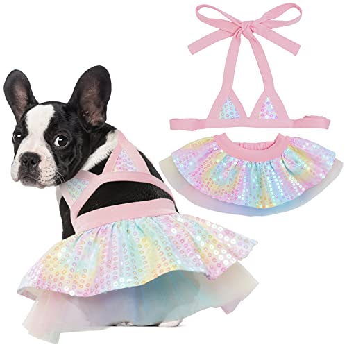 Duojoy Dog Bikini Dress with Sequins&Chiffon, Mermaid Colorful Puppy Beach Swimsuit, Small Medium Doggie Cat Summer Bathing Suit, Dog Tutu Dresses Pet Stylish Clothes Costume for Pool-M