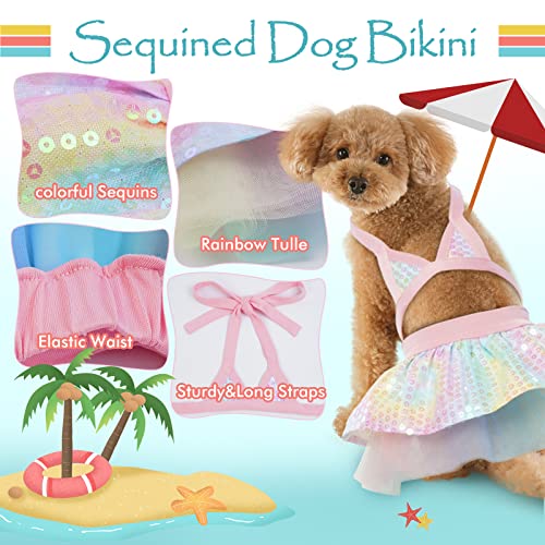 Duojoy Dog Bikini Dress with Sequins&Chiffon, Mermaid Colorful Puppy Beach Swimsuit, Small Medium Doggie Cat Summer Bathing Suit, Dog Tutu Dresses Pet Stylish Clothes Costume for Pool-M