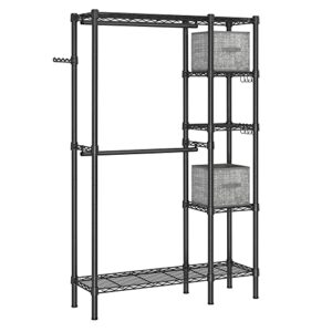 songmics garment rack heavy duty clothes rack, freestanding portable wardrobe closet for hanging clothes with 2 storage boxes, 8 hooks, adjustable wire shelves, 2 hanging rods, black ulgr422b01