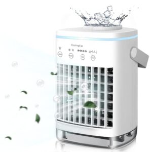 portable air conditioners, evaporative personal air cooler with top fill 700ml water tank, small quiet cooling fan 4 wind speed & colorful light for bedroom, office, home, outdoor (no battery)