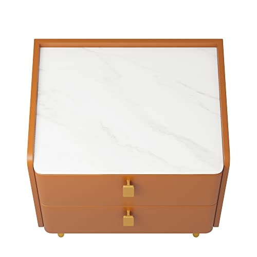 MGH Modern Small Nightstands Set of 2 with Two Drawers, Mid-Century Faux Marble PU Leather Side Tables, Bedside End Mini Table Night Stand for Living Room/Bedroom/Office (Orange) (NS002-SET)