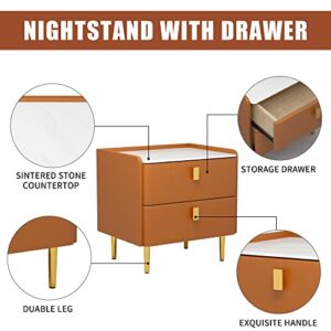 MGH Modern Small Nightstands Set of 2 with Two Drawers, Mid-Century Faux Marble PU Leather Side Tables, Bedside End Mini Table Night Stand for Living Room/Bedroom/Office (Orange) (NS002-SET)