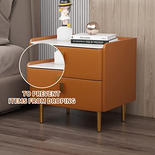 MGH Modern Small Nightstands Set of 2 with Two Drawers, Mid-Century Faux Marble PU Leather Side Tables, Bedside End Mini Table Night Stand for Living Room/Bedroom/Office (Orange) (NS002-SET)